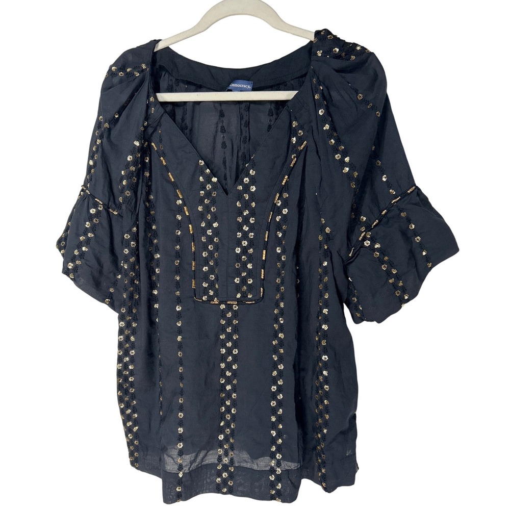 Democracy Womens 1X Black Gold Sequin Embroidered Ruffle Sleeve V-Neck Blouse